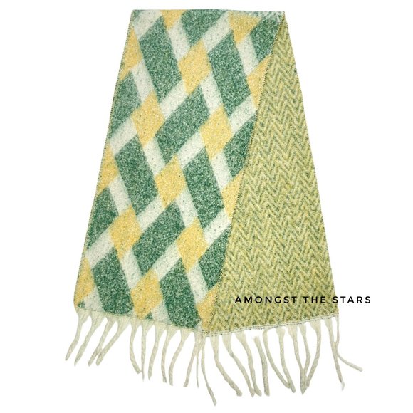 Green, Yellow & White Geometric Chevron Fringe Blanket Scarf - Picture 1 of 7